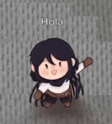 a cartoon girl with long black hair is standing on a gray surface .