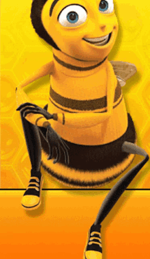 a cartoon bee is sitting on a yellow surface