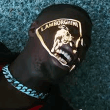 a man is laying on the floor with a lamborghini emblem on his face .