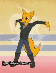 a cartoon of a fox wearing a leather jacket and jeans is on hyperchaatixart.tumblr.com