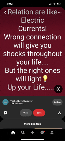 a screenshot of a pinterest page that says relation are like electric currents and wrong connection will give you shocks throughout your life