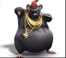 a cartoon rat wearing a hat and a necklace with the letter b on it