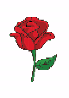 a pixel art drawing of a red rose with a green stem and leaf .