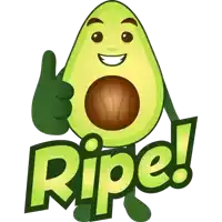 a cartoon avocado giving a thumbs up with the word ripe behind it