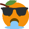 an orange wearing sunglasses and a mustache is crying with tears coming out of its mouth .