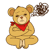 a teddy bear is sitting in a lotus position with his arms crossed