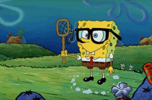 a cartoon of spongebob wearing glasses holding a net