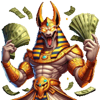 a cartoon illustration of a pharaoh holding a fan of money