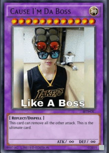 a card that says ' cause i 'm da boss ' on it