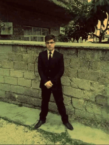 a man in a suit and tie stands in front of a stone wall