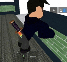 a person holding a sword in a video game with the words emotes on the bottom