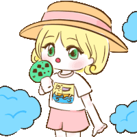 a cartoon girl wearing a hat and shorts holding a cookie