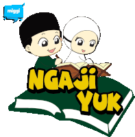 a cartoon of a boy and a girl sitting on a book that says " ngaji yuk " on it