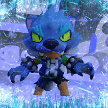 a cartoon character with blue hair and green eyes standing in the snow