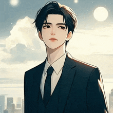 a man in a suit and tie is standing in front of a city skyline