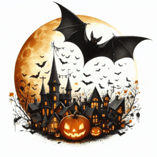 a bat is flying over a haunted house with pumpkins