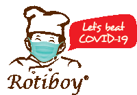 a logo for rotiboy with a chef wearing a mask and saying let 's beat covid-19