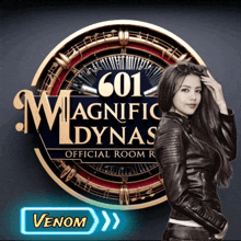 a woman in a leather jacket stands in front of a sign that says 601 magnificic dynas