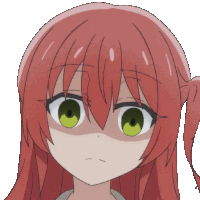 a close up of a red haired anime girl 's face with green eyes