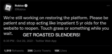 a twitter post from roblox asking people to get roasted slenders