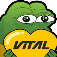 a green frog is holding a yellow heart with the word vital on it