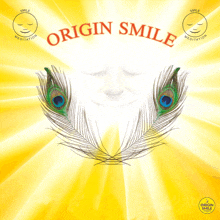 a yellow background with a peacock feather and the words origin smile meditation