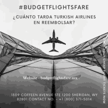 a plane is flying over a building with the website budgetflightsfare.mx at the bottom