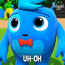 a blue cartoon character with a red bow tie and the words uh-oh on it