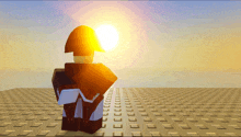 a cartoon character standing in front of a sunset