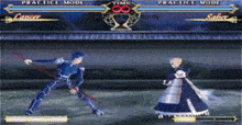 a video game shows a lancer and saber fighting in practice mode