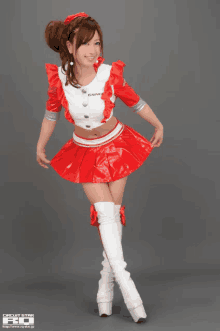 a girl in a red and white outfit with the word circuit star on the bottom right