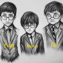 three drawings of harry potter with the names ying merun and gil written on them