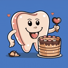 a cartoon tooth holding a heart shaped lollipop next to a cake