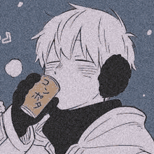 a boy is drinking from a can while wearing a scarf and gloves .