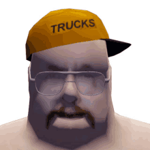 a man wearing glasses and a hat that says trucks