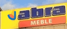 a yellow and blue sign that says jabra meble on it .