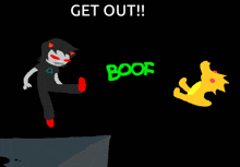 a cartoon of a person kicking another person with the words " get out " on the bottom