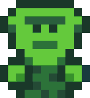 a pixel art illustration of a green monster with a sad face