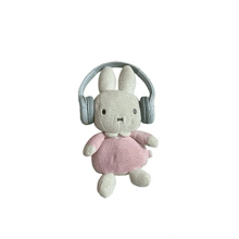 a stuffed bunny is wearing headphones and a pink dress