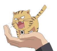 a cartoon cat is being held by a hand with its mouth open