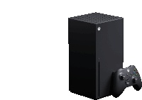 a black xbox series x console with a controller on a white background