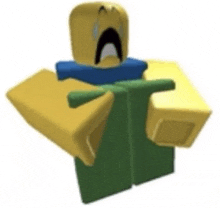 a yellow and green roblox character with a crying face is holding a book .