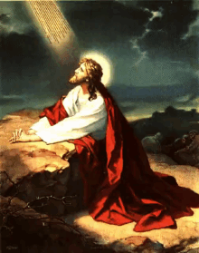 a painting of jesus kneeling on a rock with the sun shining behind him