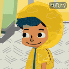 a cartoon drawing of a boy wearing a yellow raincoat with kutuk written on the bottom right