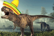 a t-rex wearing a sombrero is standing in a field