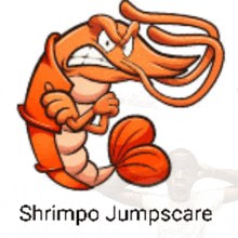 a cartoon shrimp with an angry face and the words shrimpo jumpscare below it