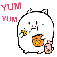 a cartoon drawing of a cat eating chips with the words yum yum behind it