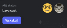 a smiley face with glasses is next to a cat and a button that says wskazuj