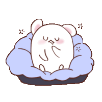 a cartoon drawing of a white bear sleeping on a purple cushion