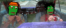 a pixel art of two people in a car with green faces